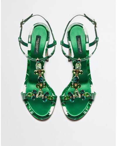 Dolce & gabbana Printed Patent Leather Jeweled Sandal in Green | Lyst