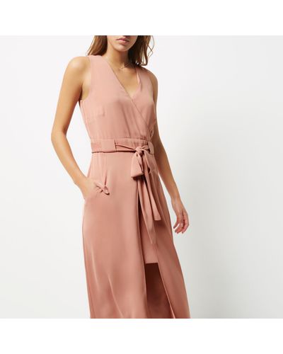 Lyst  River Island Light Pink Belted Midi Dress in Pink