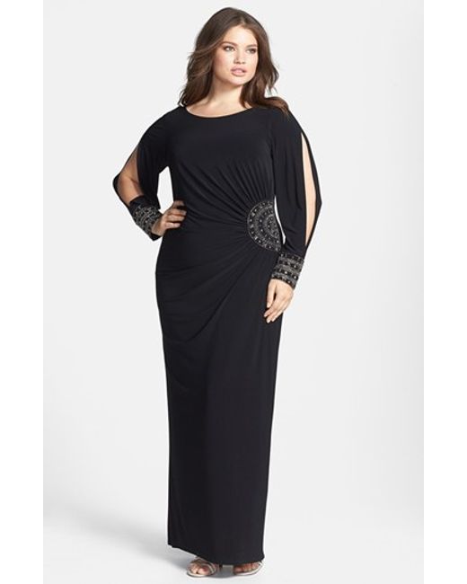 Xscape Embellished Stretch Jersey Long Dress in Black (black/ gold) | Lyst