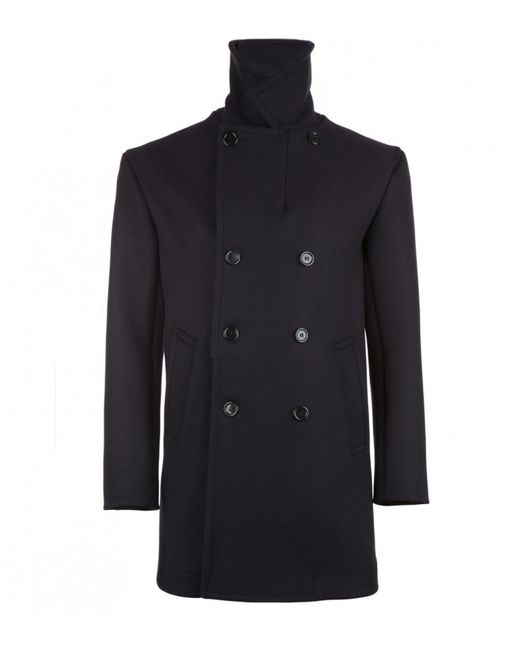 Drake's Double Breasted Navy Wool Pea Coat in Black for Men | Lyst