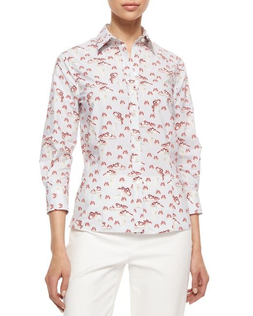 Printed Button Detail Three Quarter Sleeve Blouse