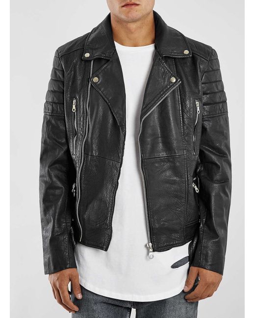 Topman Black Belted Leather Biker Jacket* in Black for Men | Lyst