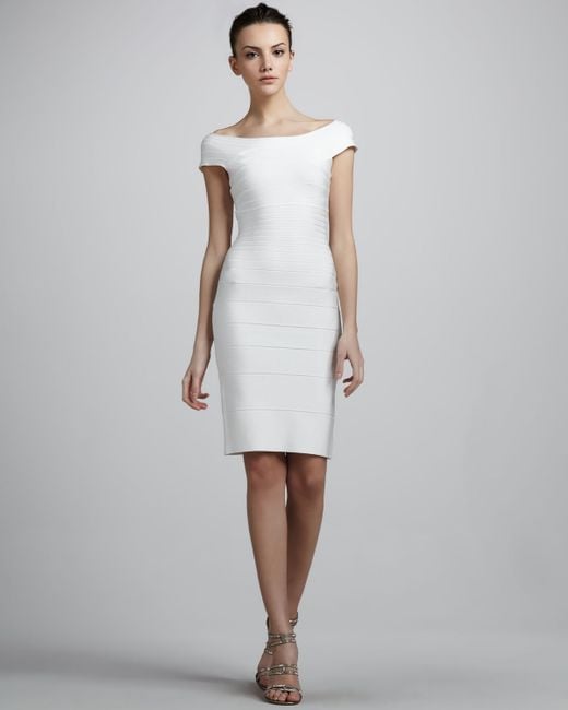 Hervé léger Cap-sleeve Bandage Dress in White (alabaster 9o2) | Lyst