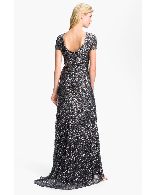 Adrianna papell Short Sleeve Sequin Mesh Gown in Silver (Charcoal ...