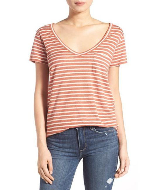 V Neck Kangaroo Pocket Striped T-Shirts