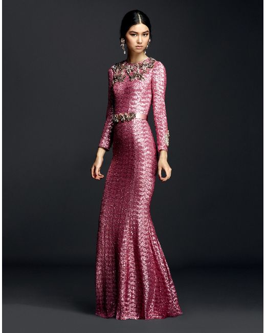 Dolce & gabbana Sequin Dress With Crystals And Jeweled Belt in Pink Lyst