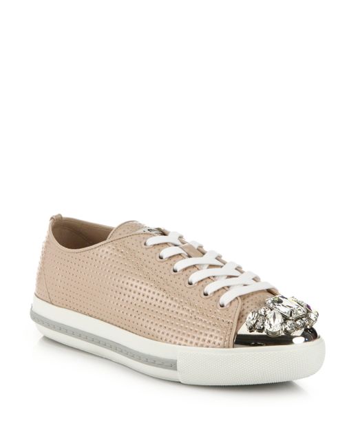 Miu miu Perforated Patent Leather Jewel-toe Sneakers in Pink (beige) | Lyst