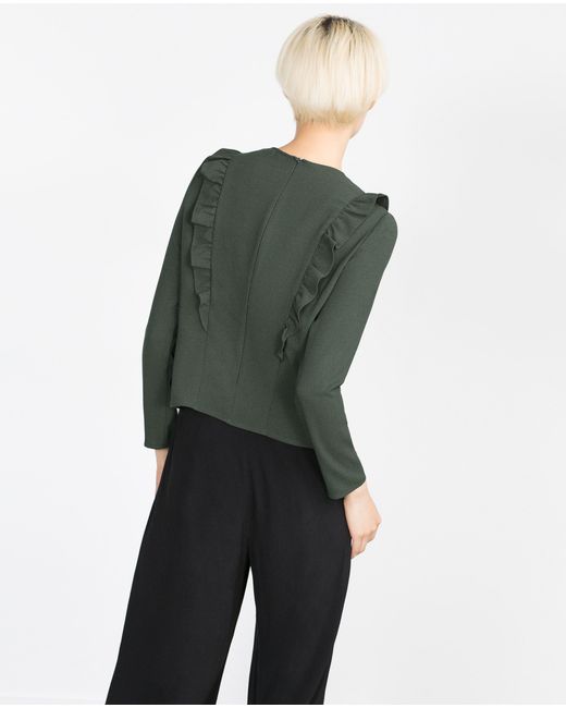 Zara Long Sleeve Frilled Top in Green Lyst