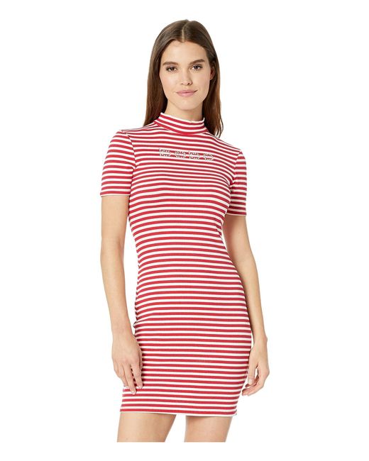 Download Bebe Short Sleeve, Mock Neck Striped Logo Dress With V ...