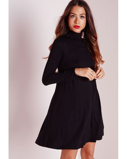 Missguided Petite Roll Neck Long Sleeve Jersey Swing Dress Black in Black - Save 55% | Lyst