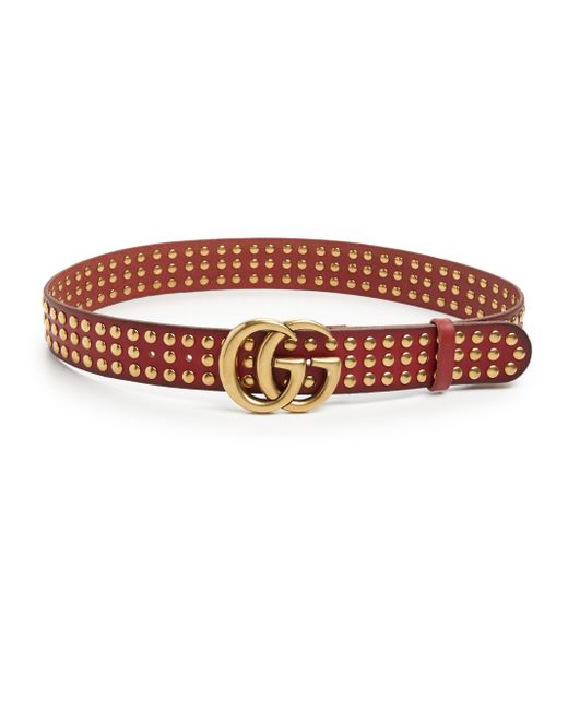 Gucci Double G Studded Leather Belt in Red | Lyst