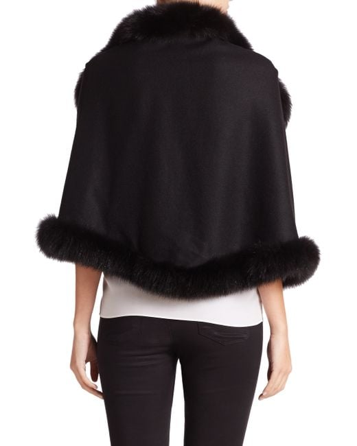 Sofia cashmere Oblong Fox Fur-trimmed Cashmere Wrap in Black | Lyst