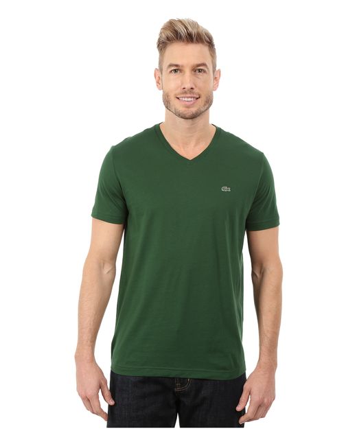 Lacoste Short Sleeve V-neck Pima Jersey Tee Shirt in Green for Men ...