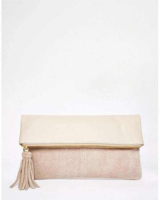 Asos Leather And Suede Foldover Clutch Bag in Beige (Nude) | Lyst