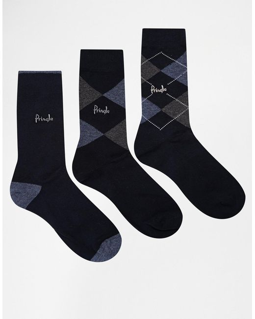 Pringle of scotland Waverley Argyle Socks In 3 Pack in Blue for Men