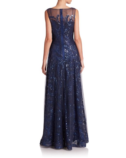 Teri jon Sequined Illusion Gown in Blue (navy) | Lyst