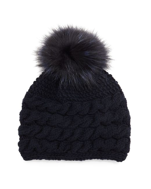 hat pom j pom crew Lyst W/fur Beanie knit in  Hat Pom Cable Pom Blue (NAVY) Cashmere