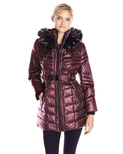 Download Kensie Matte Satin Belted Down Coat With Faux Fur Hood in ...