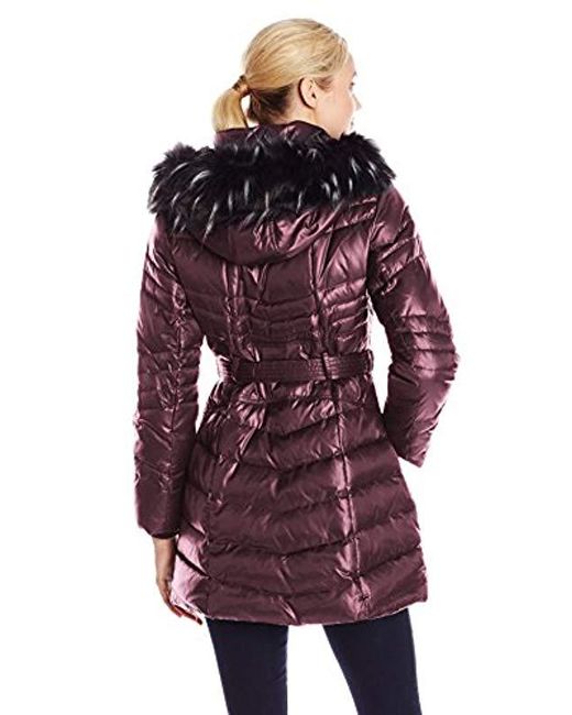 Download Kensie Matte Satin Belted Down Coat With Faux Fur Hood in ...