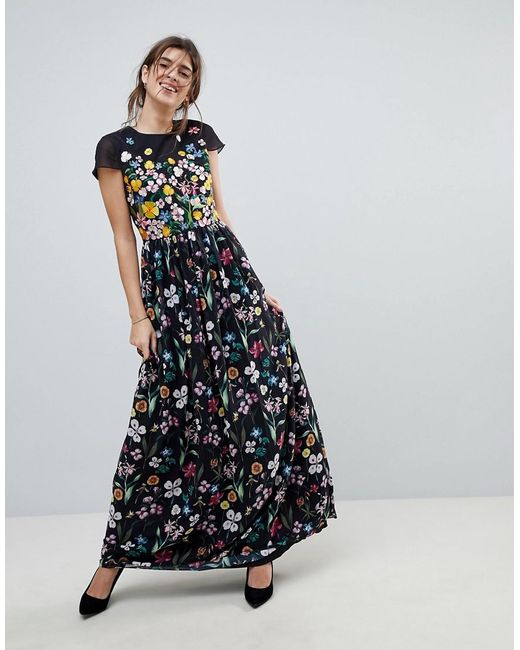 Lyst Ted Baker Embroidered Floral Mariz Maxi Dress in Black