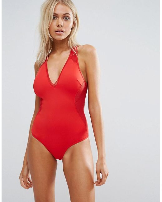 Stella Mccartney Stella Mccartney Plunge Neoprene Mesh Swimsuit In Red 