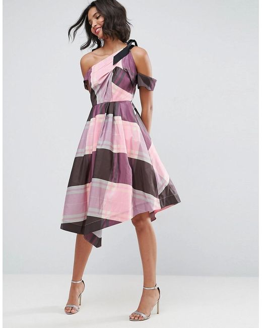  Asos  Stripe Checked 80s One Shoulder Prom  Dress  in Pink  Lyst