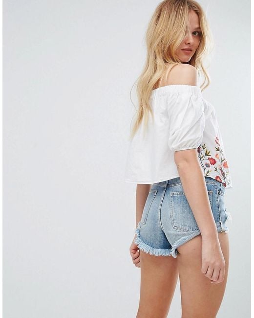 Bershka Embroidered Off The Shoulder Top in White Lyst