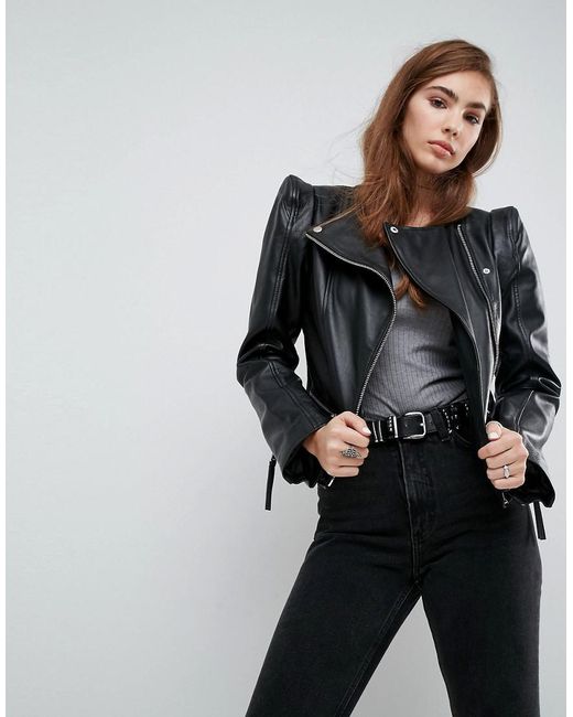 Lyst - Asos Leather Biker Jacket With Shoulder Pads in Black