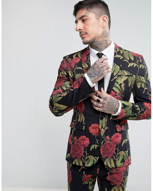 Asos Super Skinny Suit Jacket With Red Rose Print in Black for Men | Lyst