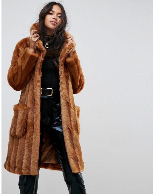 Asos Faux Fur Midi Coat in Brown Lyst