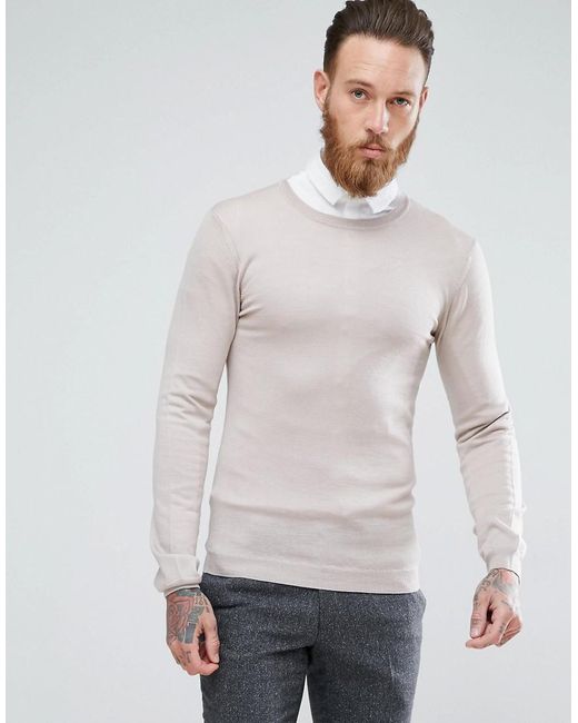 Lyst - Asos Muscle Fit Merino Wool Jumper In Oatmeal in Natural for Men