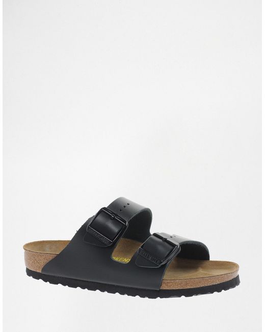 Birkenstock Arizona Black Leather Two Strap Narrow Fit Sandals in Black | Lyst