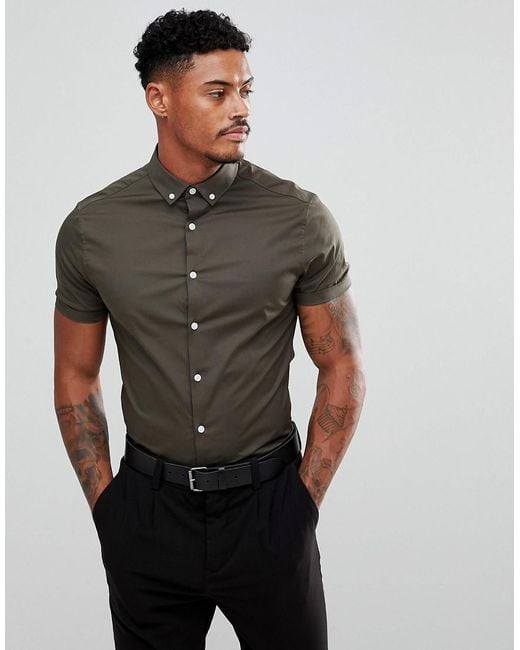 Lyst - Asos Skinny Shirt In Khaki With Short Sleeves And Button Down ...
