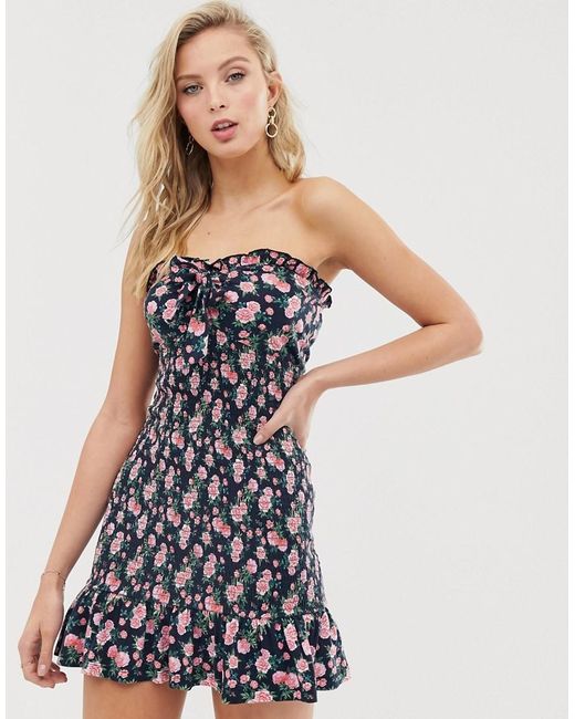 ASOS Shirred Bandeau Sundress With Pep Hem In Floral Print in Blue - Lyst