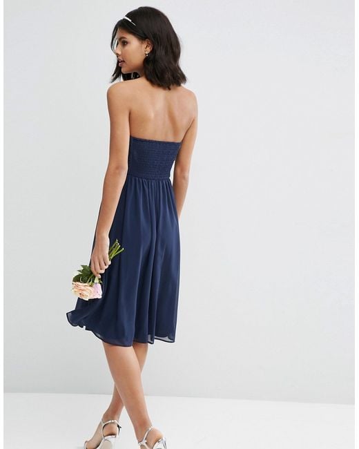  Asos  Wedding  Chiffon Bandeau Midi Dress  in Blue  Navy  Lyst