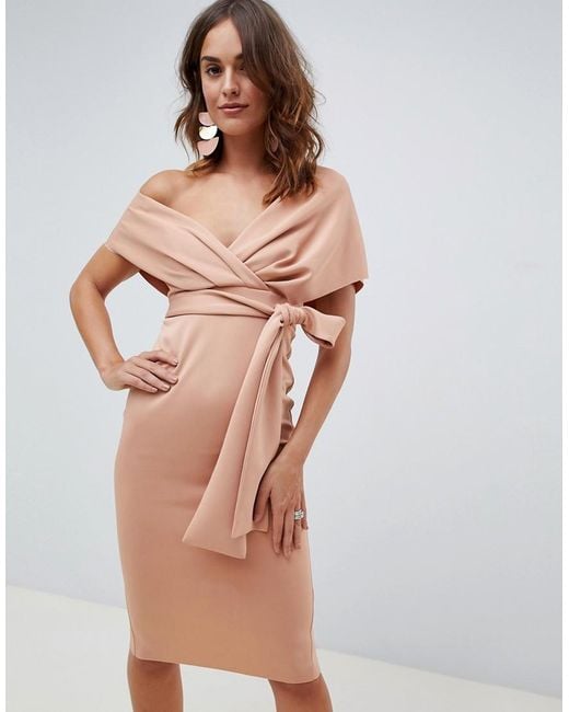 Lyst Asos Fallen Shoulder Midi Pencil Dress With Tie Detail In Pink 2344