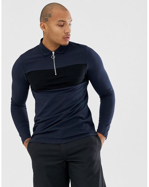 Download Lyst - ASOS Long Sleeve Pique Polo Shirt With Zip Neck And ...