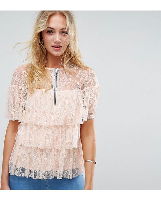 Lyst - Asos Lace Ruffle Top With Zip Front Detail in Pink