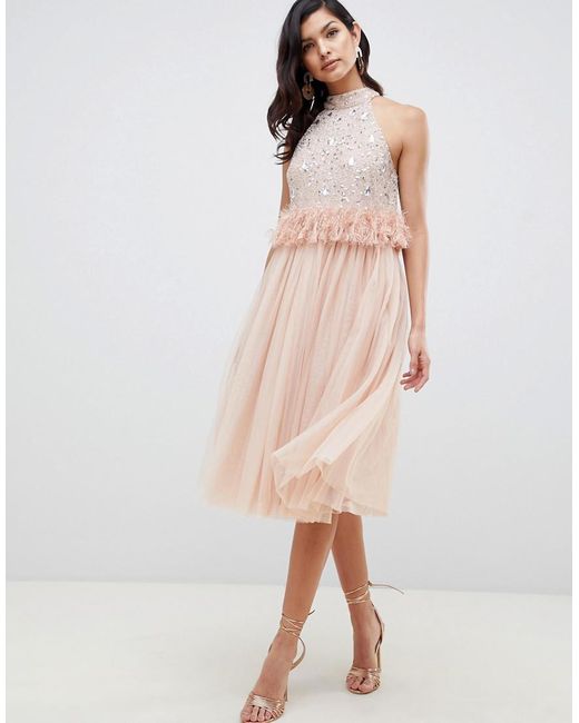 Sequins En Tulle Avec De Bordure Mi Lyst Orne Longue Robe PtCxqwwO0