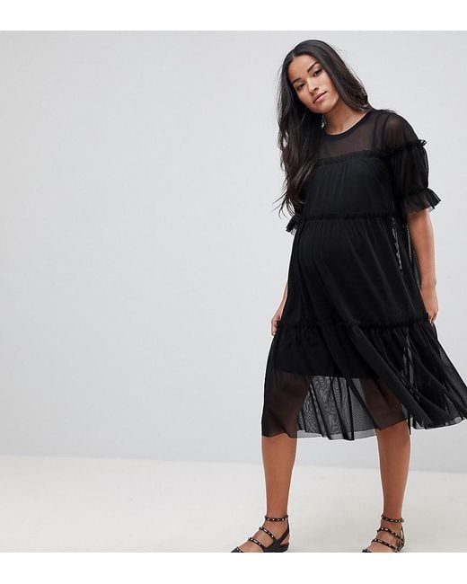asos design long sleeve tiered smock midi dress