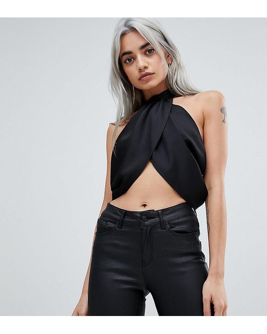 Asos Sexy Drape Crop Top With High Neck in Black | Lyst