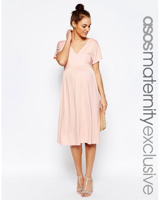 Asos Midi Dress With Flutter Sleeve in Pink | Lyst