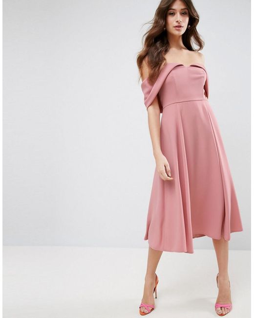 Lyst Asos  Bardot Fold Over Midi Prom  Dress  in Pink 