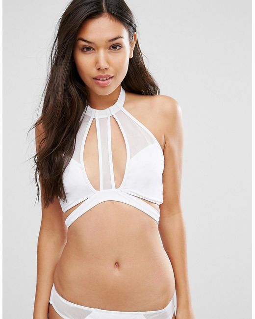 Asos Choker Mesh Strap Crop Bikini Top In White Lyst 6387