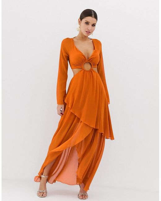 ASOS Maxi Dress With Long Sleeve And Circle Trim Detail in Orange - Lyst