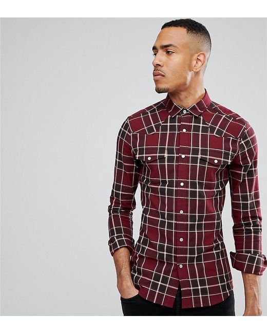 Lyst - Asos Tall Skinny Western Check Shirt in Red for Men