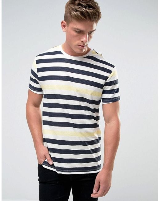 Bershka T-shirt With Stripes In Navy And Yellow in White for Men | Lyst