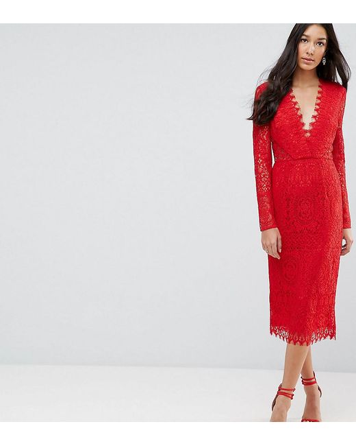 Asos red long sleeve lace dress