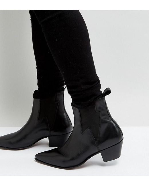 Men\u0027s Wide Fit Cuban Heel Western Boots In Black Leather With Lightning Detail