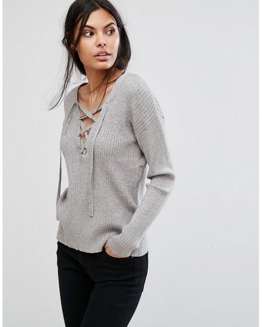 lyst pieces filla sleeved knit blouse in gray lyst pieces filla sleeved knit blouse in gray